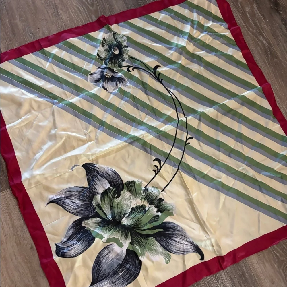 Vintage Floral Silky Square Scarf in Green, Cream & Red Trim